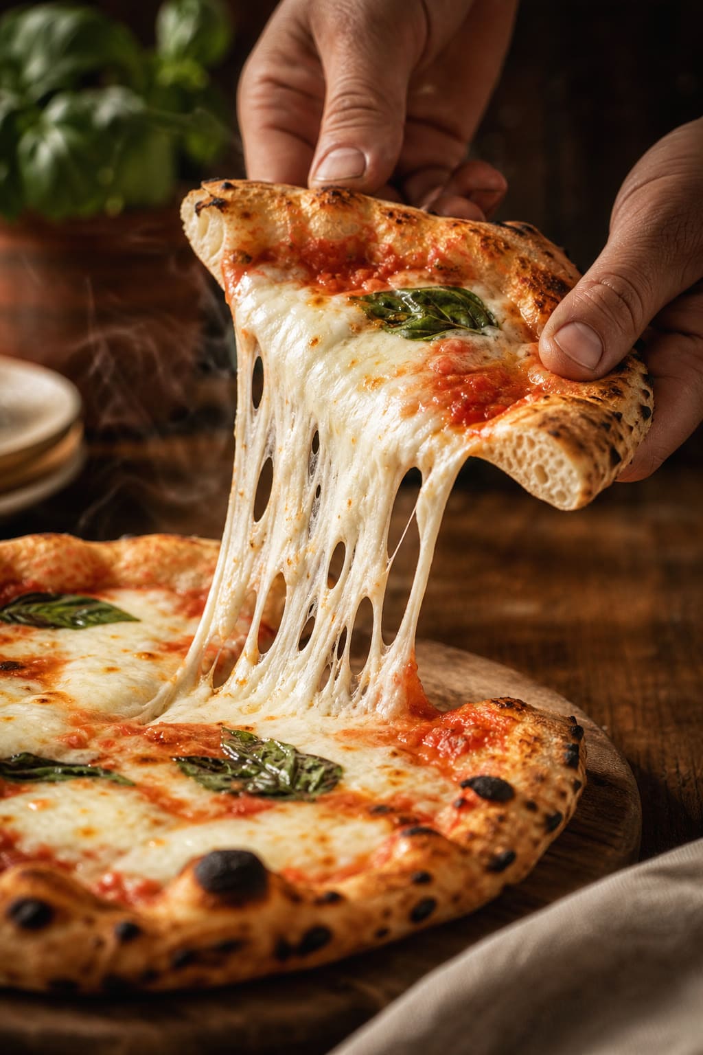 Mozzarella filante d'une pizza tout juste sortie du four